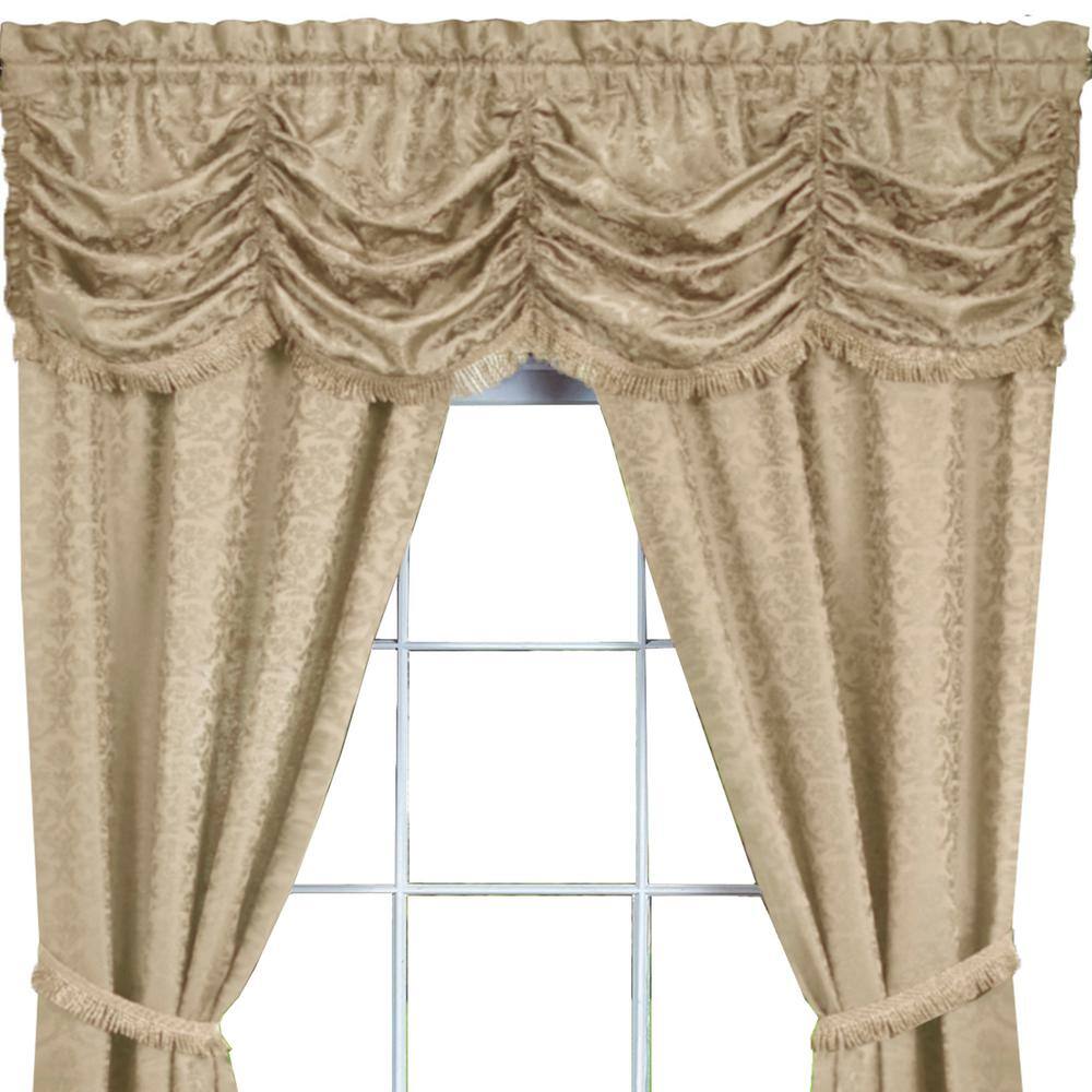 Tan Jacquard Damask Rod Pocket Curtain with Fringe, 55" x 84"