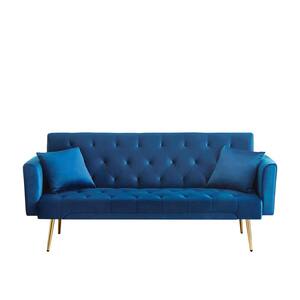 71" Round Arm Velvet Rectangle Tufted Back Blue Sofa Bed