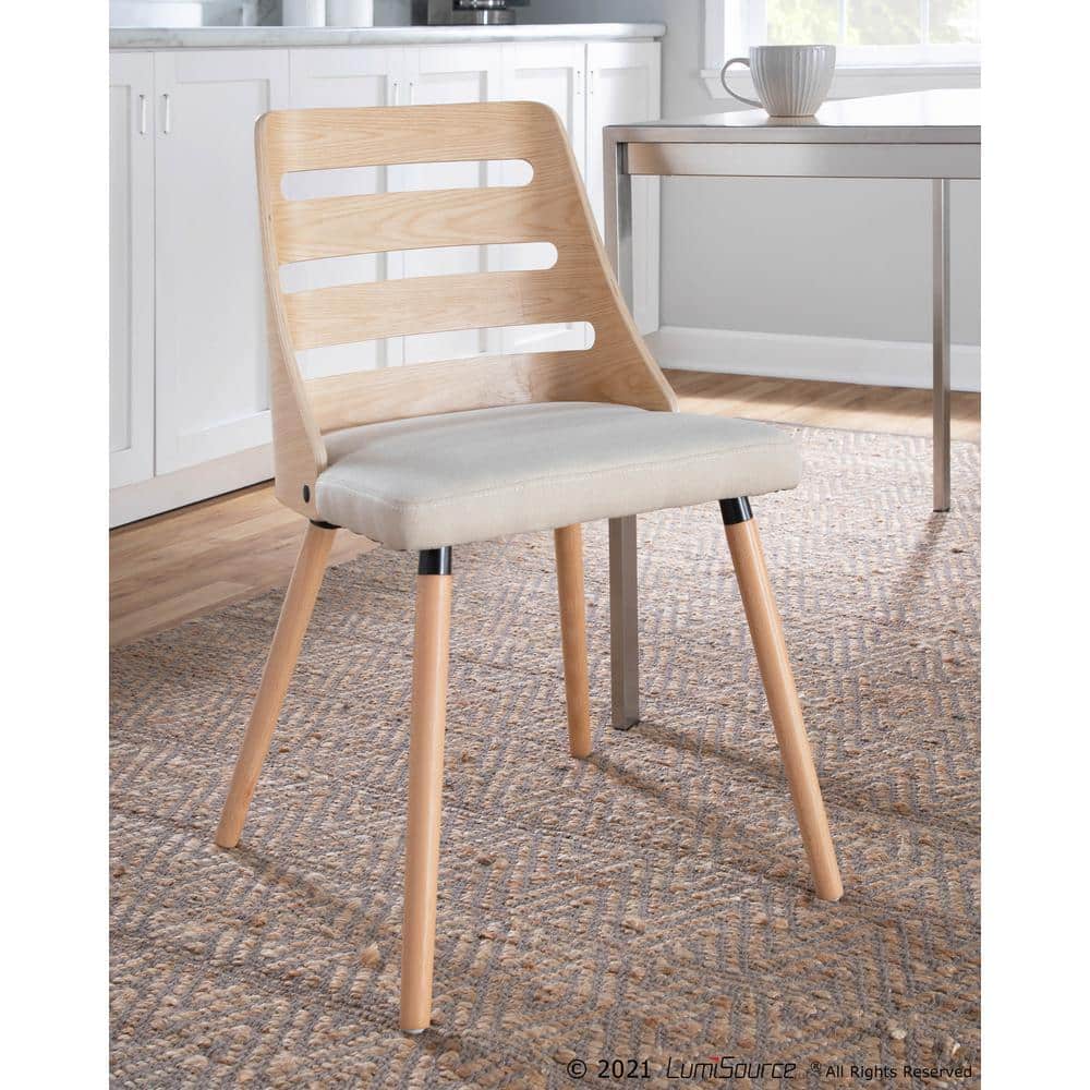 Cream Fabric and Natural Wood Upholstered Ladderback Side Chair