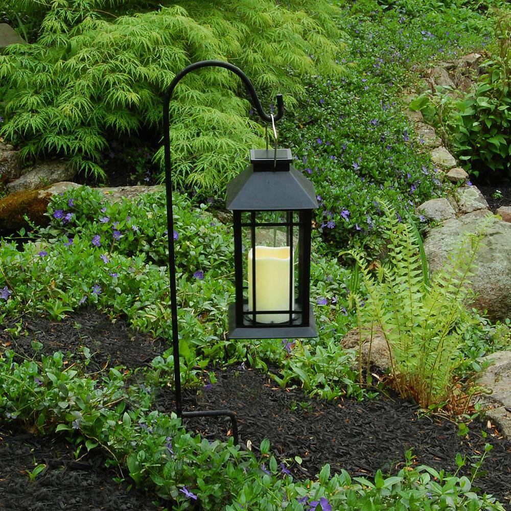 Black Solar Powered Hanging LED Lantern with Flickering Candle