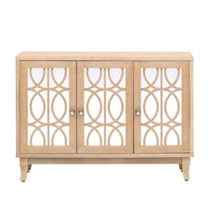 47.20 in. W x 15.60 in. D x 33.90 in. H Natural Wood Wash Brown 3 Door Mirrored Linen Cabinet with Silver Handle