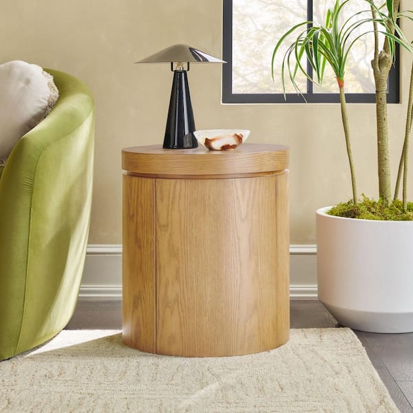 Maya 18 in. White Oak Modern Round MDF and Solid Oak Wood Veneer End Table with Hidden Storage