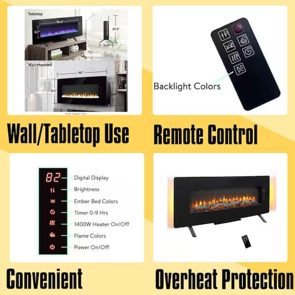 48 in. W x 18.1 in. H Curved Front Wall Mounted Electric Fireplace Insert with Remote, Multi Color Flame and Emberbe