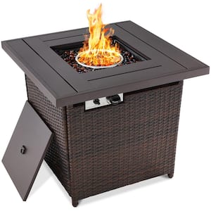 28 in. Brown Square Wicker Outdoor Propane Gas Fire Pit Table with Faux Wood Tabletop