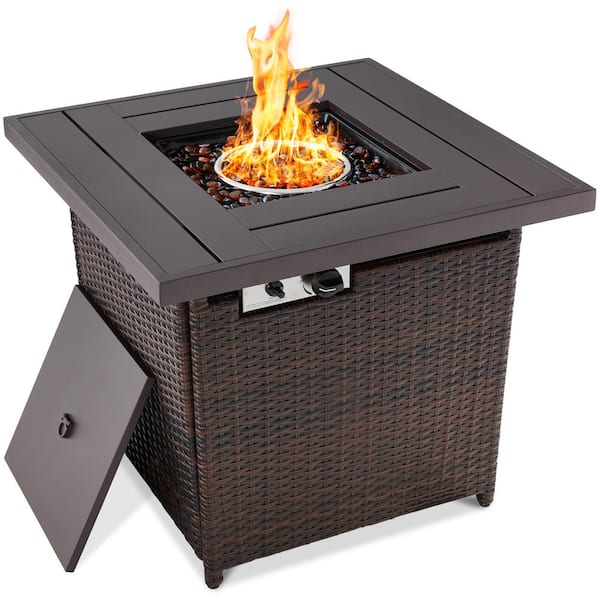 Best Choice Products 28 in. Brown Square Wicker Outdoor Propane Gas Fire Pit Table with Faux Wood Tabletop