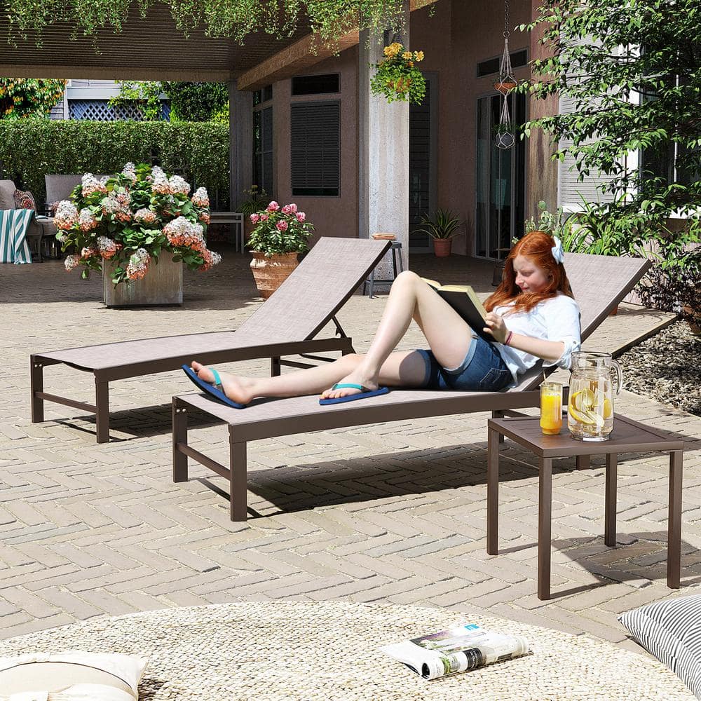 Beige Aluminum Outdoor Chaise Lounge Chairs with Table Set