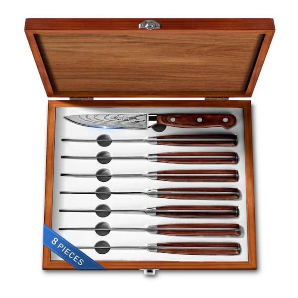 4.5 in. German Stainless Steel Full Tang Serrated Steak Knife with Pakkawood Handle 8 Piece Set