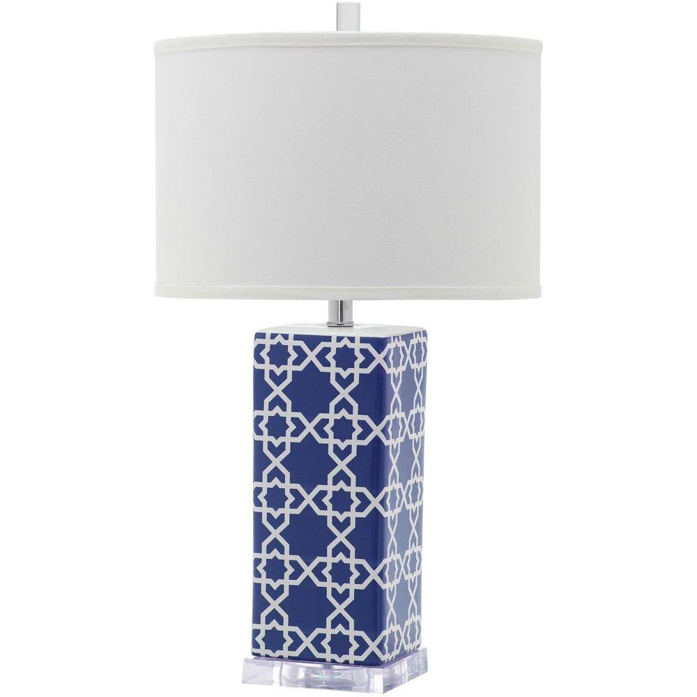 Navy and White Ceramic Table Lamp Set with Cotton Shade