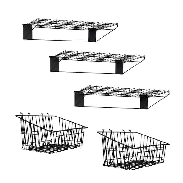 Stealth Wire Shelf and Basket Kit 8 in. H x 24 in. W Slatwall Accessory in Black (5-Piece)
