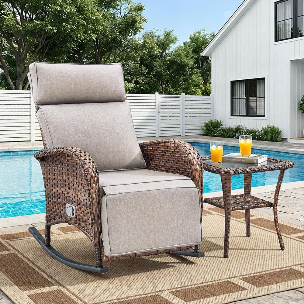 Carlos Brown 2-Piece Wicker Outdoor Rocking Chair Set, Patio Reclining Lounge Rockers with Beige Cushions, Side Table price history on PriceWatchPro