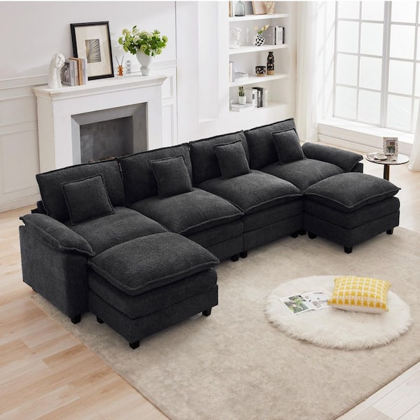 136.6 in. Width Pillow Top Arm Chenille Fabric U-Shaped Sectional Sofa with 2-Ottomans for Living Room in Dark Gray