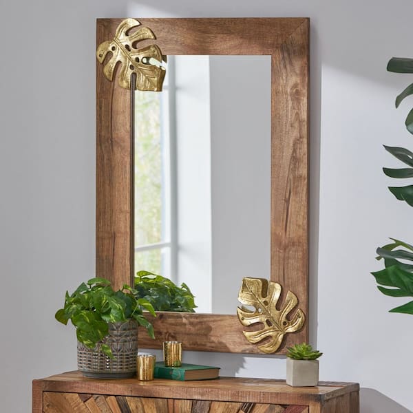 Unbranded Natural 24 in. W x 36 in. H Rectangle Wood Framed Mirror