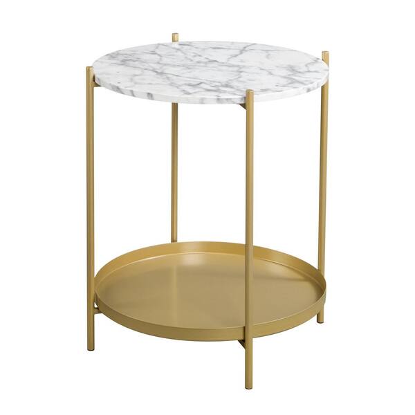 Spaco 17.52 in. White Golden Wood Round Side Table with Open Shelves