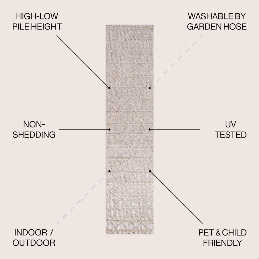 Beige Geometric High-Low Pile Indoor/Outdoor Runner Rug