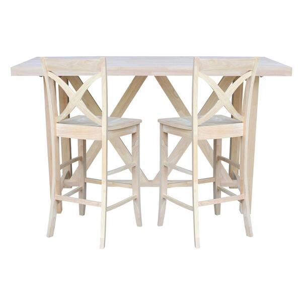 International Concepts 3-Piece Set -72 in. Solid Wood Unfinished Bar Table with 2-Bar Stools
