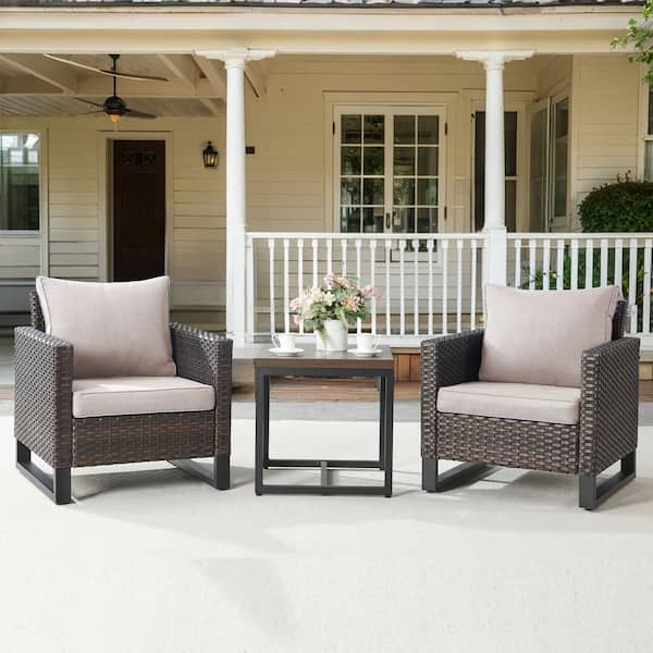 Gymojoy Valenta Brown 3-Piece Wicker Patio Conversation Set with Beige Cushions
