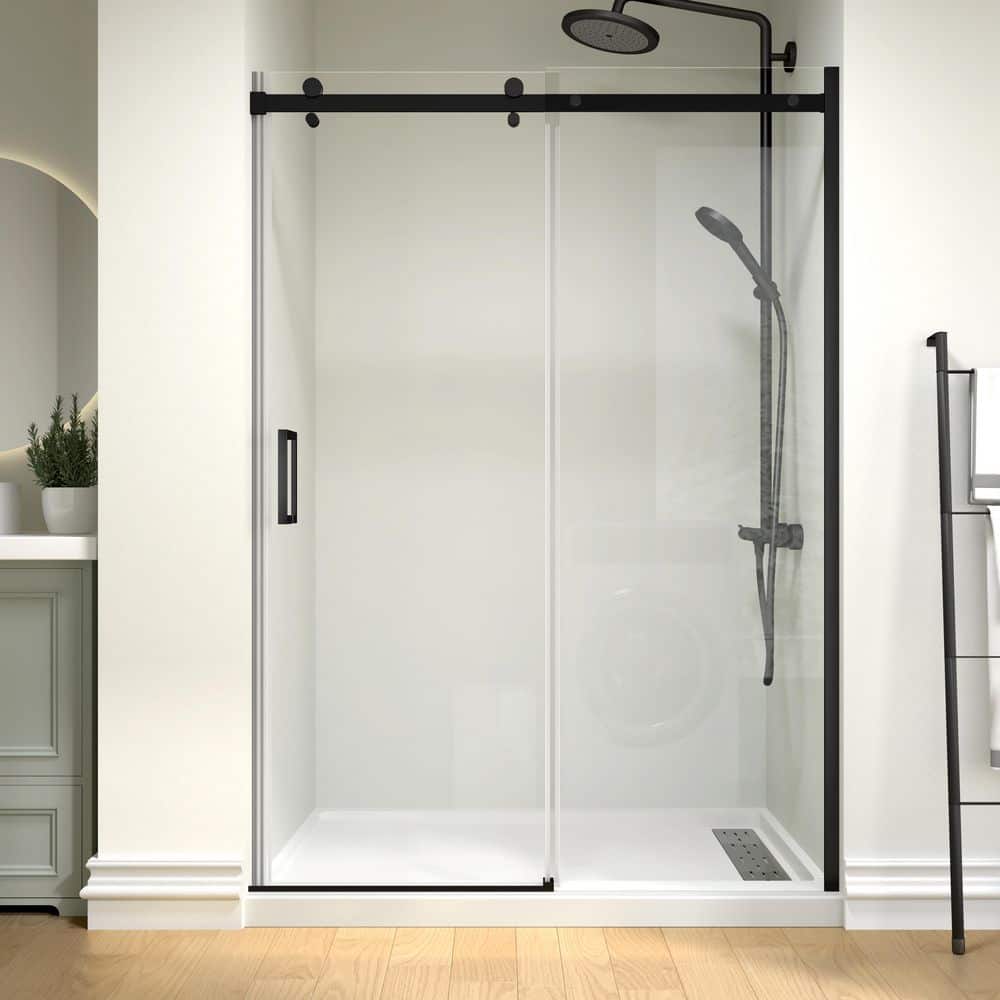 Modern 54 in. W x 74 in. H Single Sliding Frameless Shower Door in Matte Black Finish with 5/16 in. (8mm) Clear Glass price history on PriceWatchPro