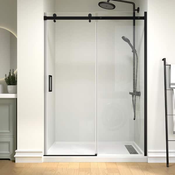 Modern 54 in. W x 74 in. H Single Sliding Frameless Shower Door in Matte Black Finish with 5/16 in. (8mm) Clear Glass