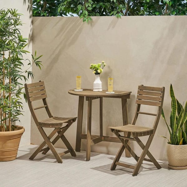 3-Piece Grey Acacia Wood Outdoor Serving Bar Set, Half-Round Folding Bistro Set, Include 2 Chairs and 1 Half-Round Table