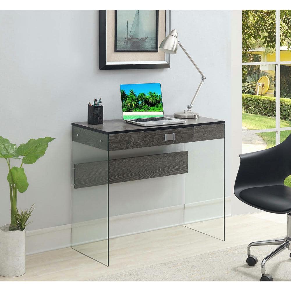 Weathered Gray 36" Wood Console with Glass Accents and Drawer