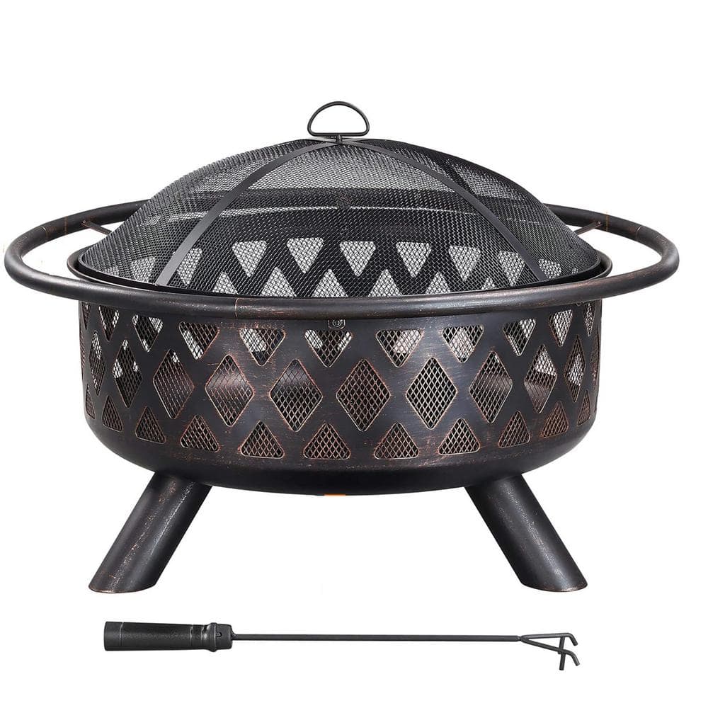 Runesay 36 in. Antique Black Outdoor Built-in Grill Fire Pits with Mesh Spark Screen Poker for Outside BBQ Bonfire TT15 - The Home Depot