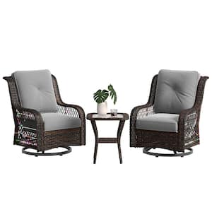 3-Piece Wicker Patio Conversation Deep Seating Set with Gray Cushions and LED Lights