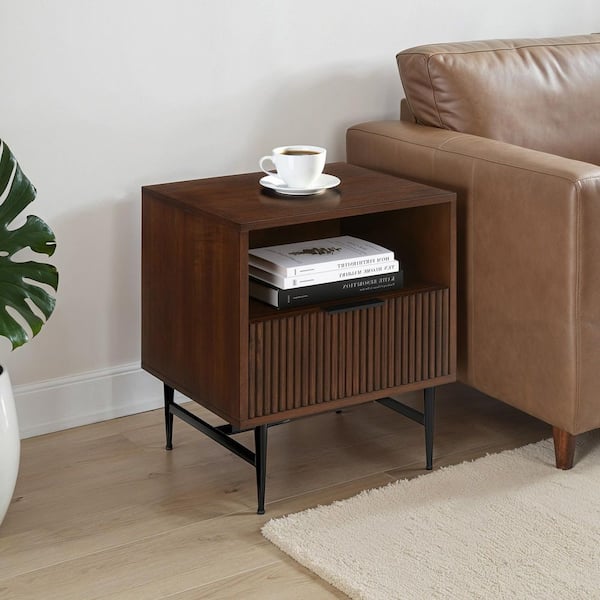 Belle Harbor Barret 18 in. W Dark Oak/Black Rectangle Wood 1-Drawer End Table with Shelf