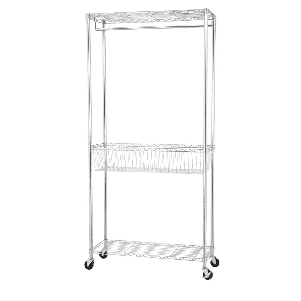 Chrome Rolling Laundry Station with Shelves and Hanging Bar