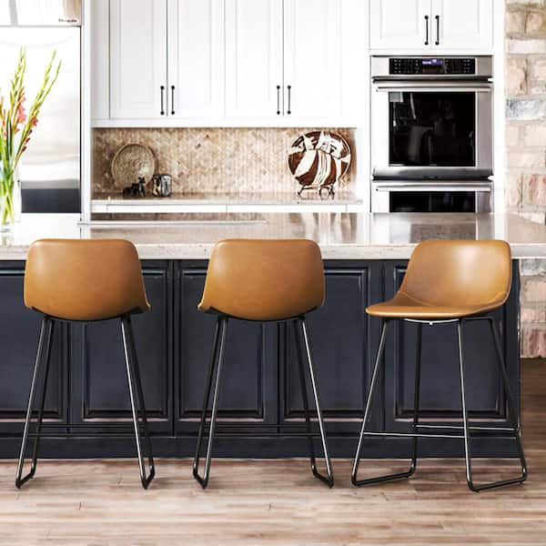 Alexander 24 in. Whiskey Brown Faux Leather Bar Stool Low Back Metal Frame Counter Height Bar Stool Set of 5
