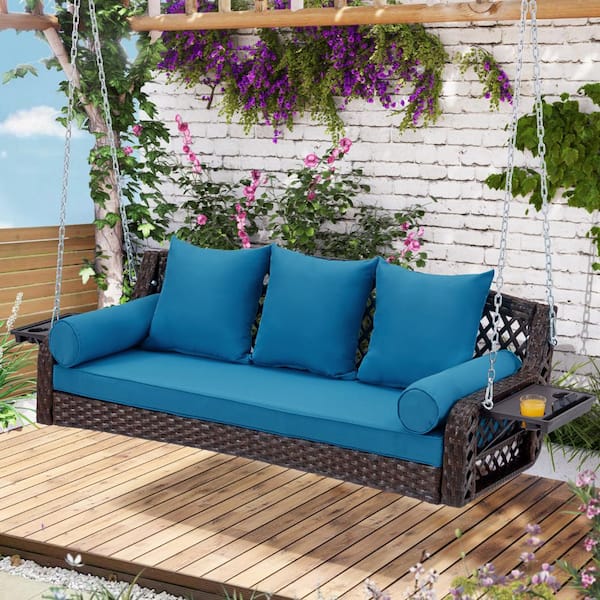 Zeus & Ruta 3 Seat Brown Wicker Porch Swing,Patio Swing with Cup Holders and Peacock Blue Cushions,Yard Swing with Chains for Garden