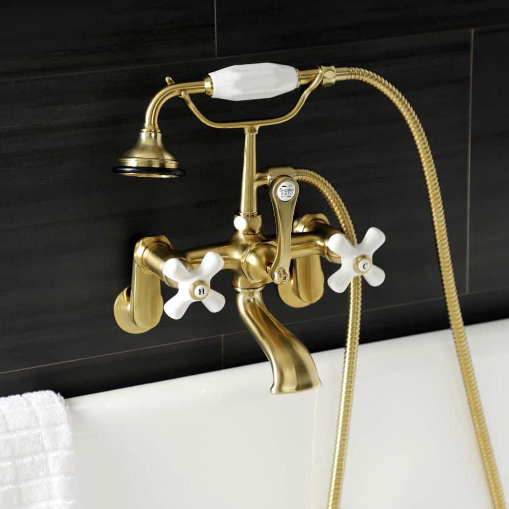 Brushed Brass Vintage Wall Mount Clawfoot Tub Faucet with Hand Shower