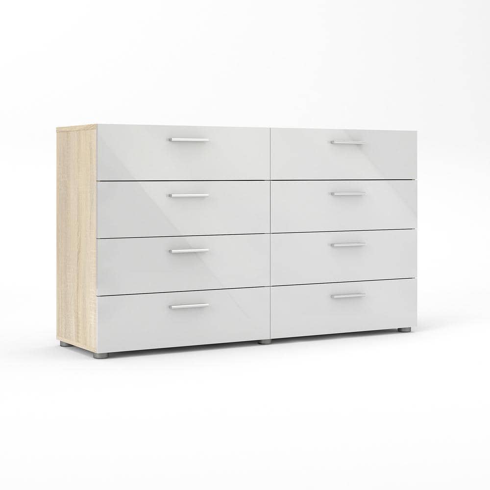 White and Oak Double 8-Drawer Modern Dresser
