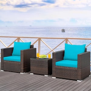 3-Piece Rattan Patio Furniture Set Conversation Sofa with Turquoise Cushioned