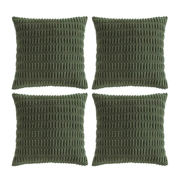 Olive Green Striped Bohemian Farmhouse Throw Pillow Covers, 18x18 Inch, Set of 4, Corduroy Decorative Pillow Covers