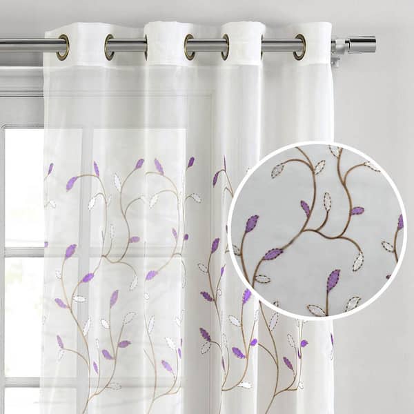 CREATIVE HOME IDEAS Wavy Leaves Lilac Polyester Faux Linen 54 in. W x 63  in. L Embroidered Grommet Sheer Curtain (Single Panel) YMC021773 - The Home  Depot
