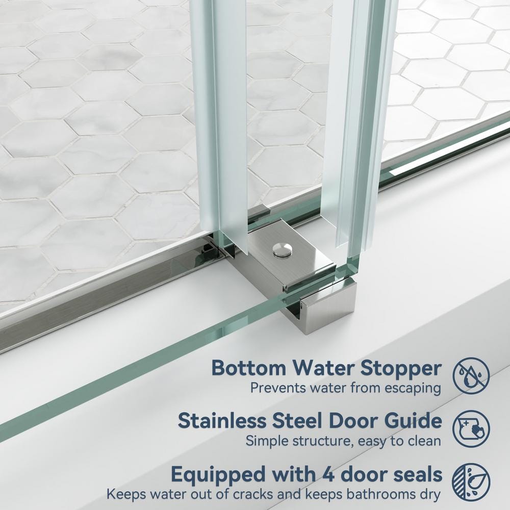 60 in. Frameless Clear Glass Double Sliding Shower Door with Brushed Nickel Hardware