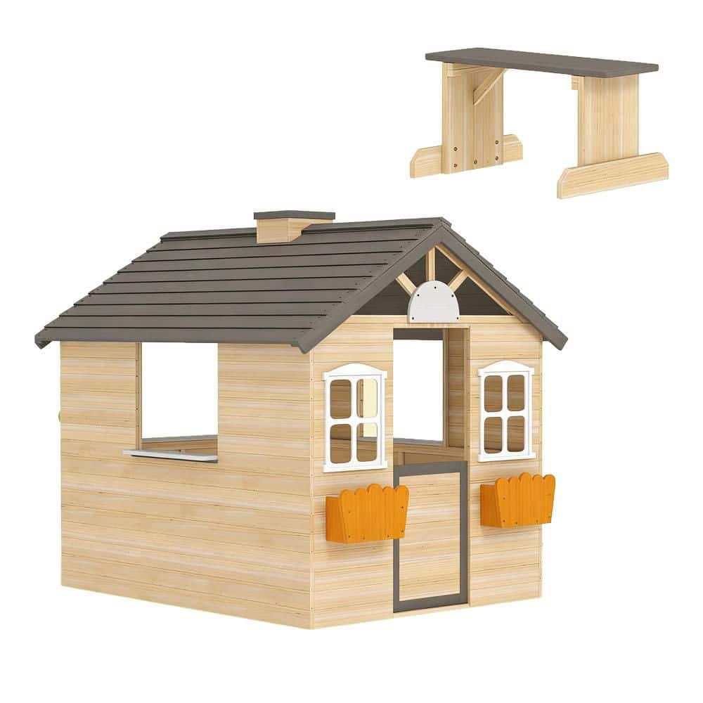 wood house for playing or 飾り物 Outdoor Gray Wood Playhouse Door with Windows, Flowerpot Holders