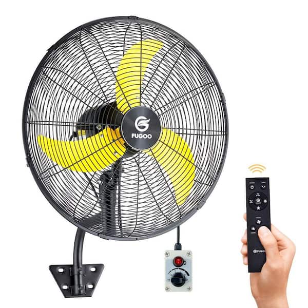 24 in. Oscillating Wall Mounted Fan in Black with Yellow Blades, All Sealed Brushless DC Motor, Waterproof, Remote