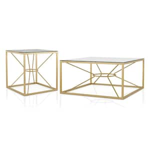 Karrey 35 .78 in. Gold Coating and Clear Square Glass Top Coffee Table Set with 2-Pieces