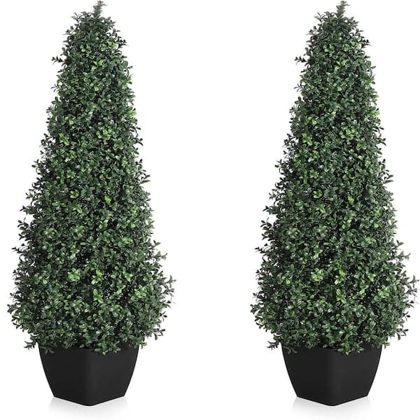 5 ft. 2 Pieces Artificial Boxwood Topiary Trees -Cone Shape Fake Plant with Modern Black Planter, Faux Outdoor Plants