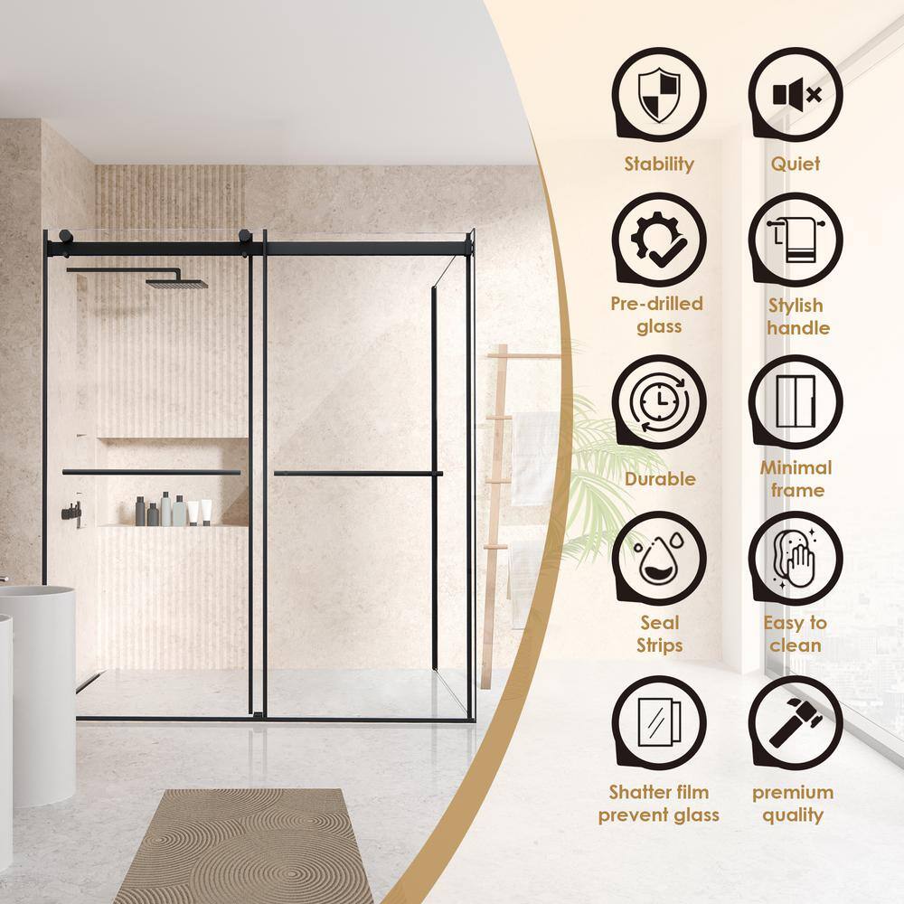 Belizzi 68" Matte Black Frameless Glass Shower Enclosure
