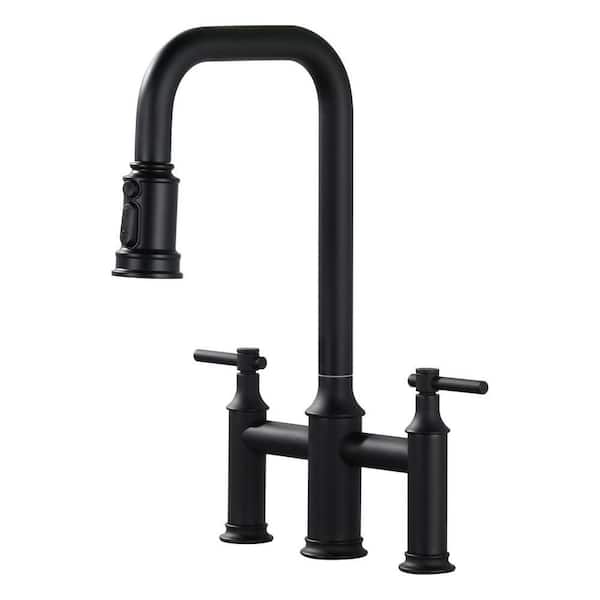 Brass Double Handle Bridge Kitchen Faucet with 3-Mode Pull-Down Sprayer and 1 or 3-Hole Install in Matte Black