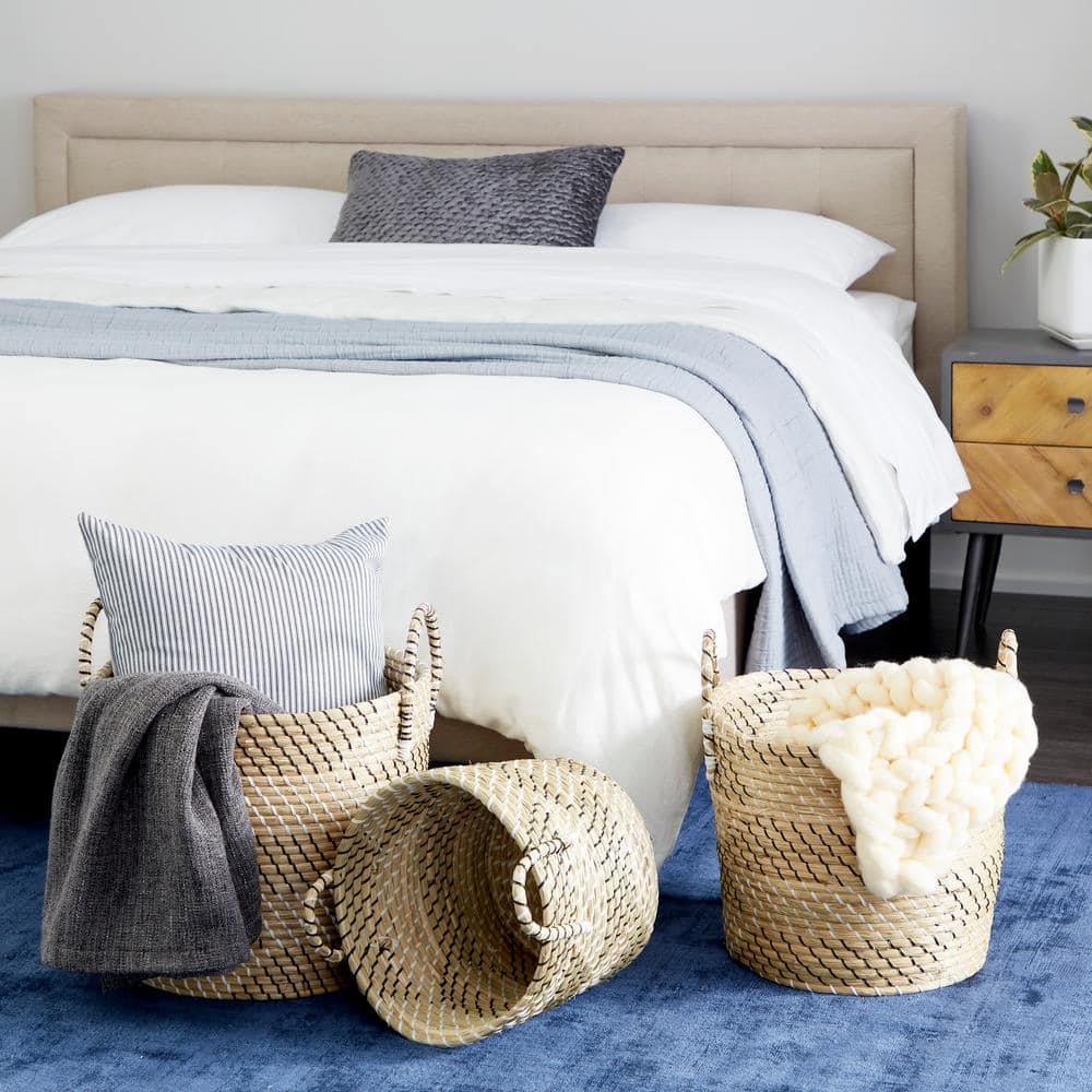 Beige and Black Seagrass Round Storage Baskets, Set of 3