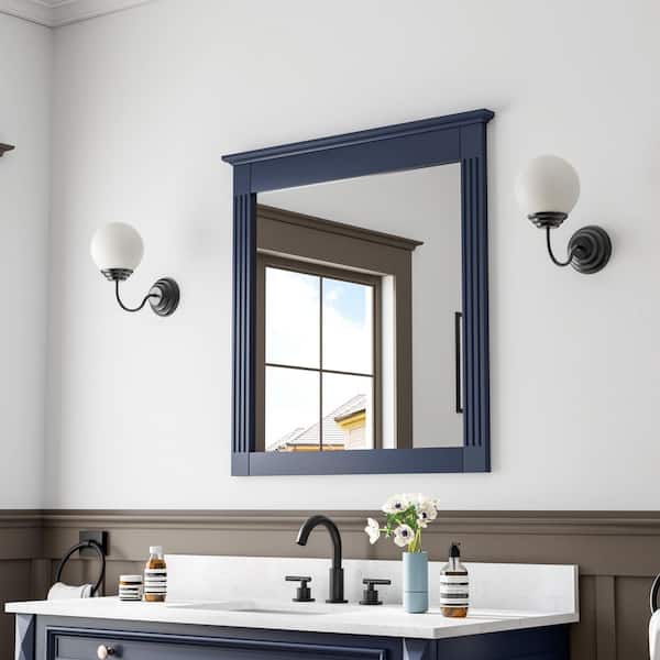 32 in. W x 33 in. H Rectangular Wood Framed Wall Bathroom Vanity Mirror in Navy Blue