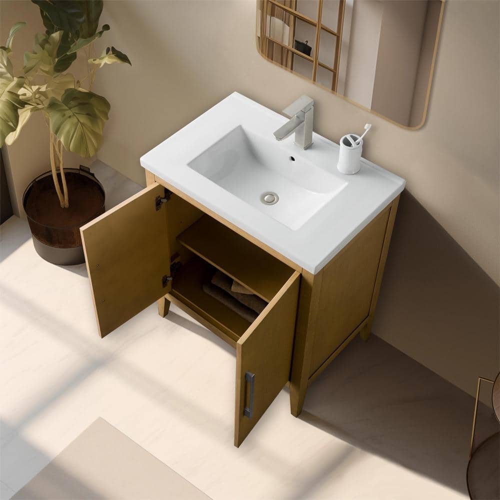 Natural Oak 30" Single Sink Bathroom Vanity with Ceramic Top