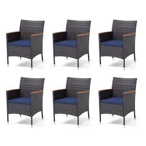 Black Rattan Metal Patio Outdoor Dining Chair with Beige Blue Cushion (6-Pack)