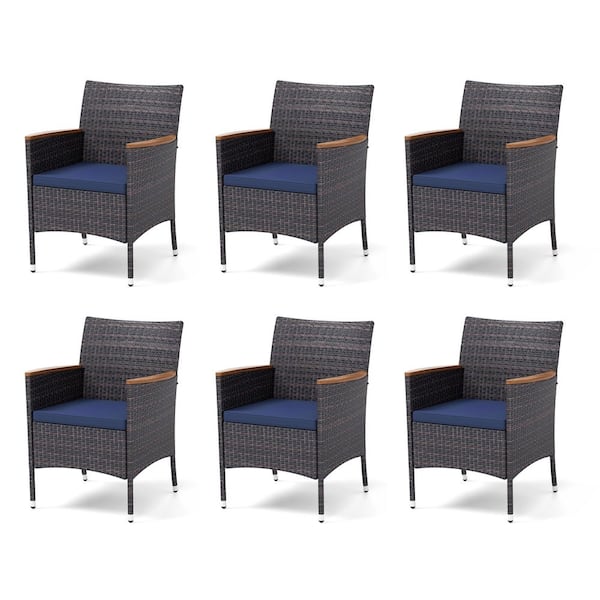 Black Rattan Metal Patio Outdoor Dining Chair with Beige Blue Cushion (6-Pack)