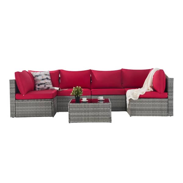 Unbranded Gray 7-Piece Wicker Outdoor Sectional Set Patio Funiture Set Sofa Set with Red Cushions and Coffee Table