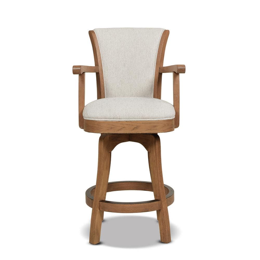 Classic Farmhouse 27" White Leather Swivel Bar Stool with Oak Arms