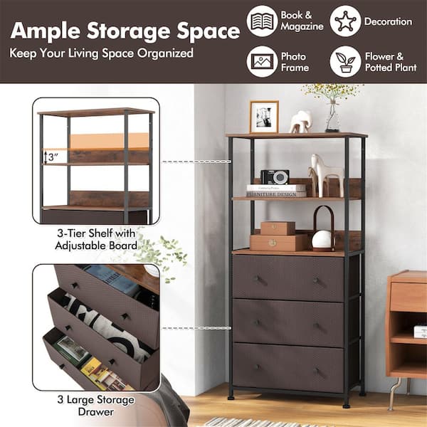 Gymax 22 in. Rustic Brown 3 Drawer Dresser W/ Open Shelves Home Vertical  Fabric Storage Unit Metal Frame GYM14117 - The Home Depot